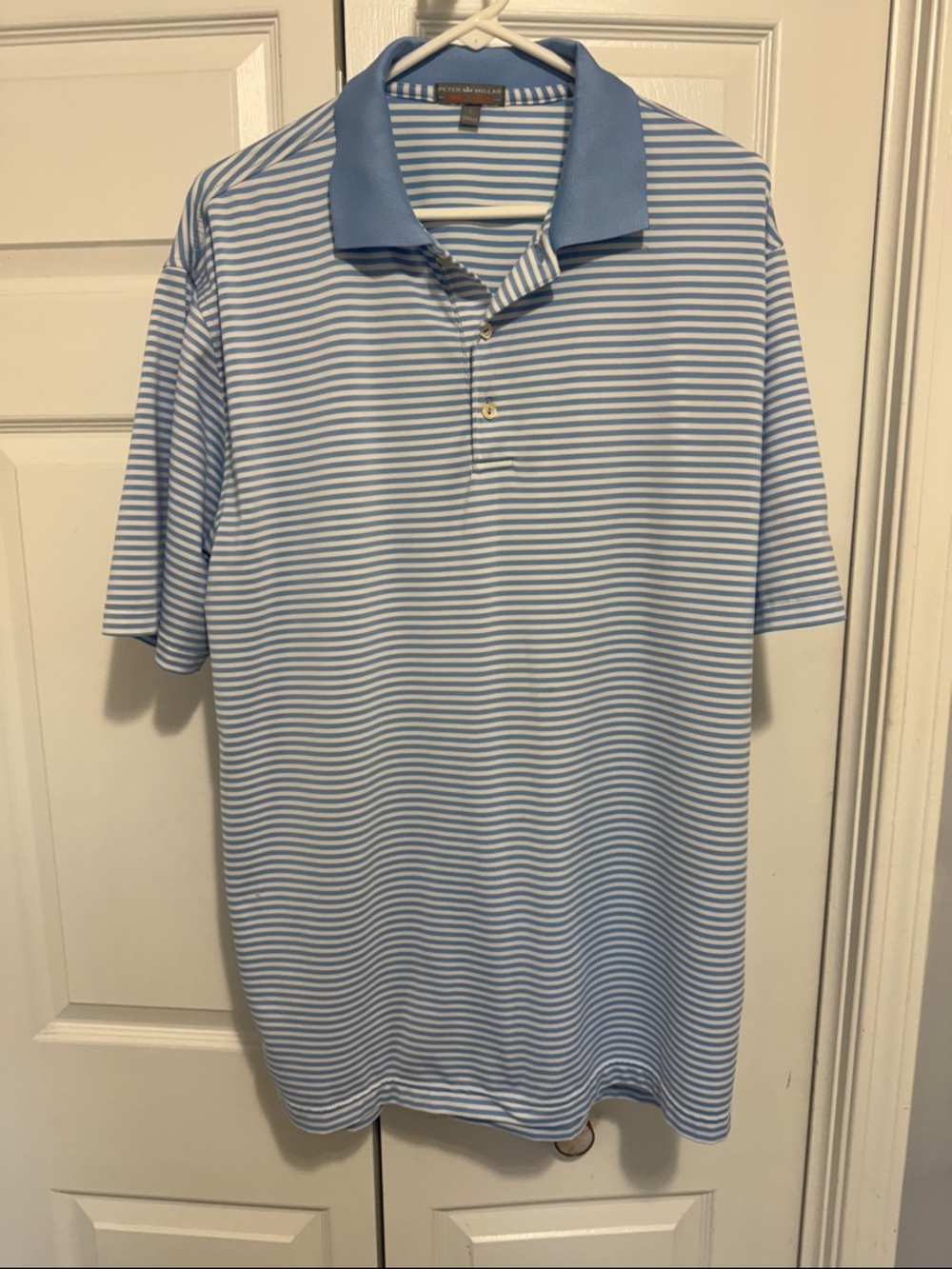 Peter Millar Sky Blue & White Striped Polo Shirt size large